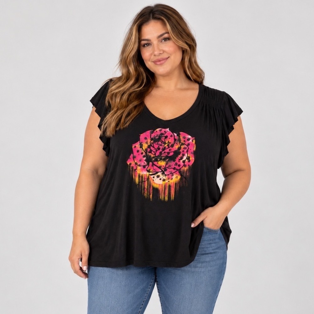 Torrid Super Soft Black Pink Leopard Rose Graphic V-Neck Top Size 1 Plus 1X